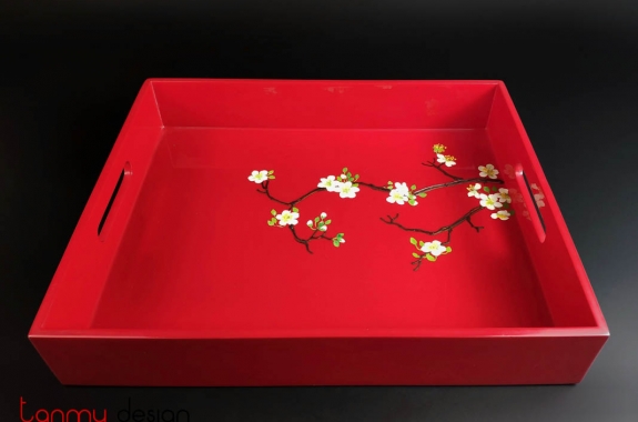 Rectangle lacquer tray with hand painted apricot blossom 30*36cm